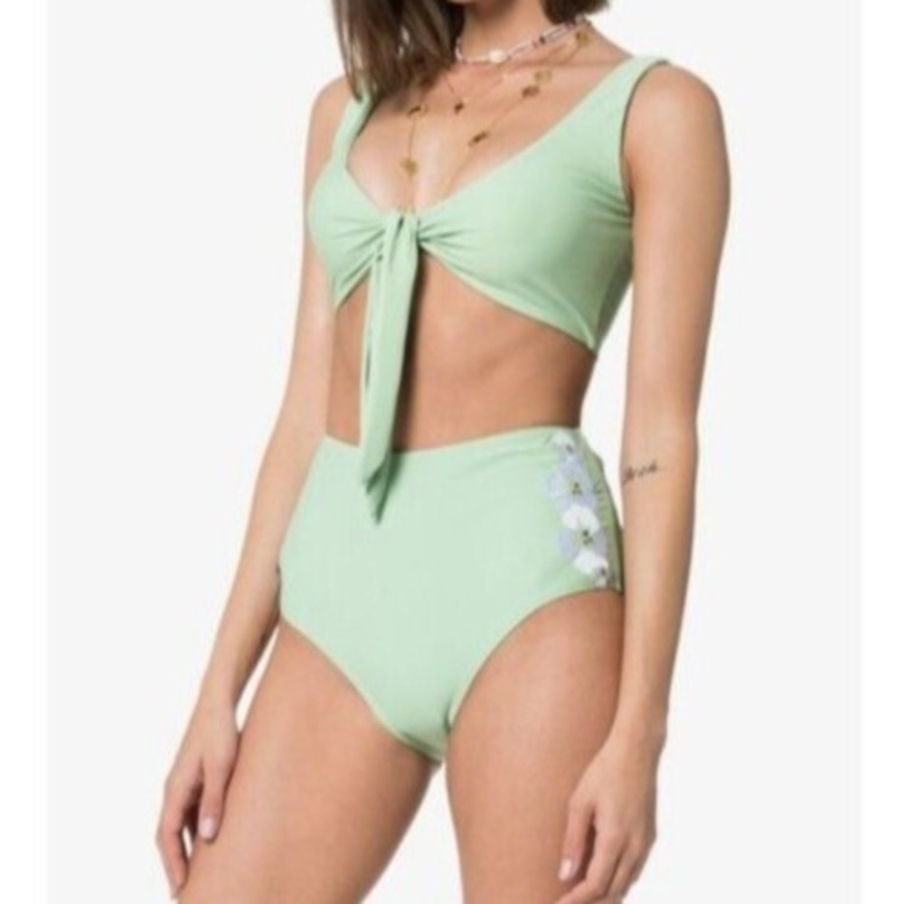 ALL THINGS MOCHI Lily GREEN/WHITE Embroidered Floral 2 PIECE Bikini Swimsuit L